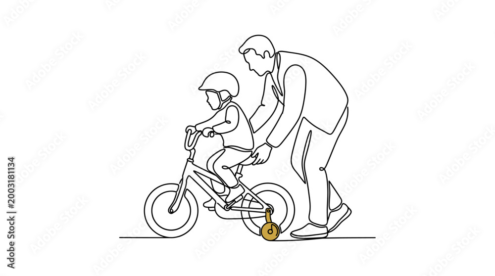 Fototapeta premium Continuous Line Drawing of Parent Teaching Child to Ride Bicycle Vector