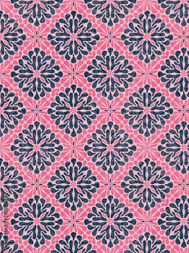 Bold Geometric Floral Tile – Blue and Pink Decorative Pattern Wallpaper
