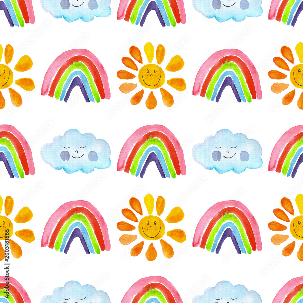 Fototapeta premium seamless pattern of cute sun, rainbow, clouds with faces. Hand painted primitive art. Summer, birthday or Easter concept. Repetitive weather motif