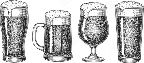 Four different glasses filled with dark beer and frothy foam during a studio shoot