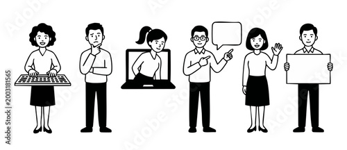Office People Characters Set Outline Icons, Business Professionals Working Activities, Corporate Teamwork Concept, Flat Vector Illustrations For Presentation, Web Design, UI, UX, And Graphic Projects