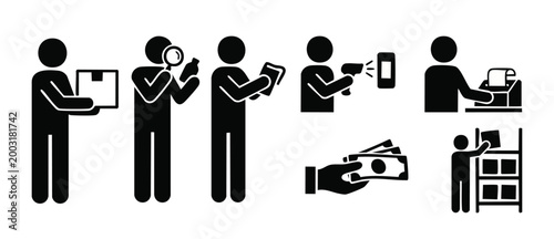 Warehouse Logistics Icons Set, People Handling Inventory and Shipping Packages, Supply Chain Operations and Retail Management Pictograms, Business Workflows, Warehouse Workers and Scanning Procedures