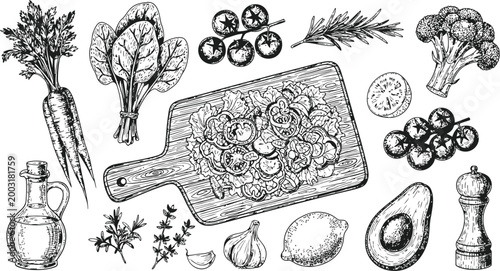 Fresh Ingredients For Healthy Salad Preparation On A Wooden Cutting Board Hand Drawn Sketch