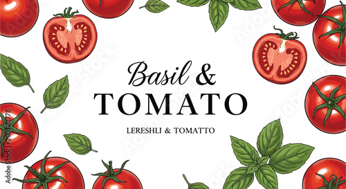Fresh Ripe Tomatoes and Green Basil Leaves Arranged Artistically for Culinary Design
