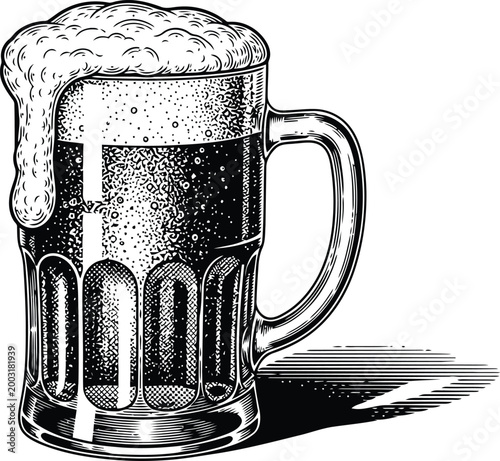 Frothy beer mug with rich dark liquid in a classic engraving style during a pub celebration