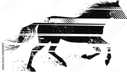 Galloping horse silhouette with grunge distressed texture and dynamic line patterns