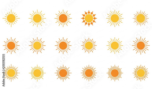 Sun icon set flat vector illustration bright sunshine symbols for logo and weather design isolated on white background