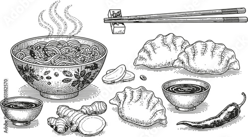 Hand Drawn Asian Noodles With Ginger Chili And Chopsticks On White Background