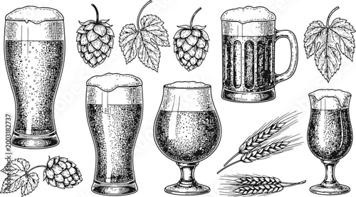 Cuadro en lienzo Hand Drawn Beer Glasses with Hops and Wheat Elements in Stippling Style