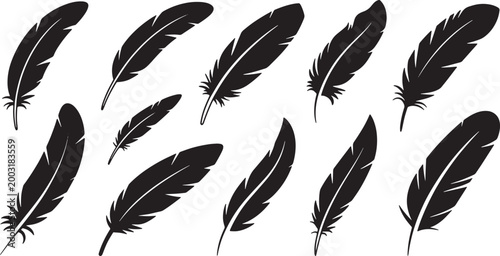 Set of black feather silhouettes isolated on transparent background bird quill collection for icons. Vector Illustration