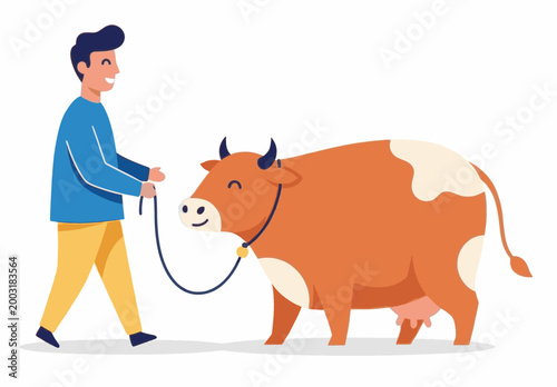 A man leads a dairy cow with a rope in a flat vector illustration.