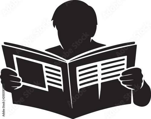 Silhouette of a person reading an open newspaper indoors black and white reading material information source