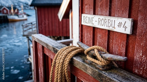 Red rorbu cabin with wooden sign and mooring rope in Reine Norway