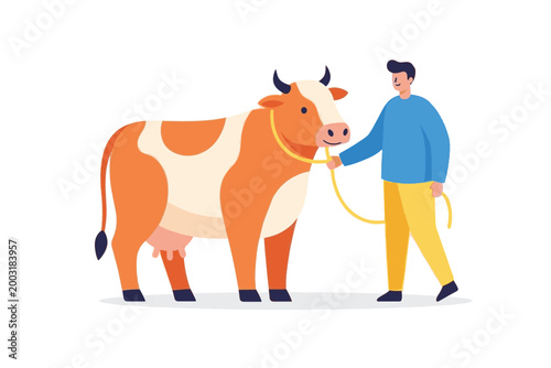 A man leads a dairy cow with a rope in a flat vector illustration.