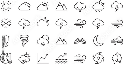 Weather icons, climate symbols, forecast signs, 30 line art elements
