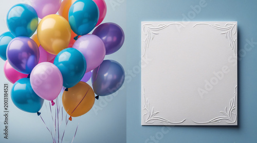 colorful birthday balloons bouquet with blank white frame on light blue background