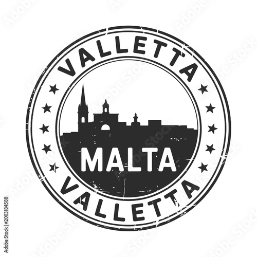 valletta malta circular stamp with city skyline silhouette