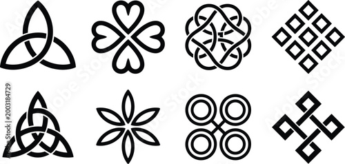 Endless knot symbol featuring buddhist emblem and celtic inspired interwoven design with sacred geometry and medieval ornament style