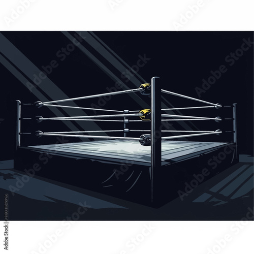 Boxing ring with ropes and a spotlight on the canvas floor