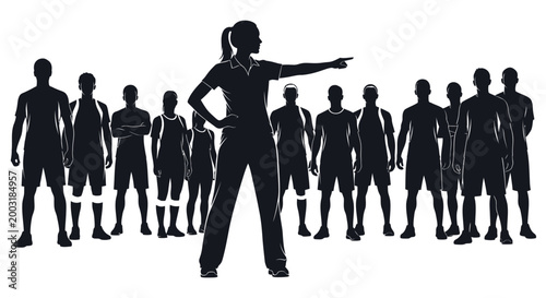 Woman leading group of people forward.