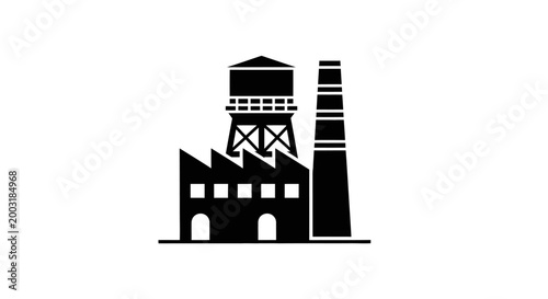Industrial factory building with smokestack.