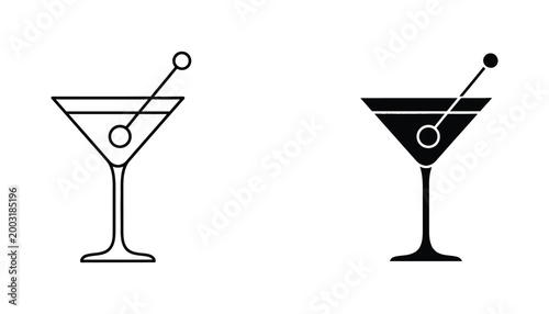 Classic martini glass icon set in outline and solid black style for bar and restaurant menu design