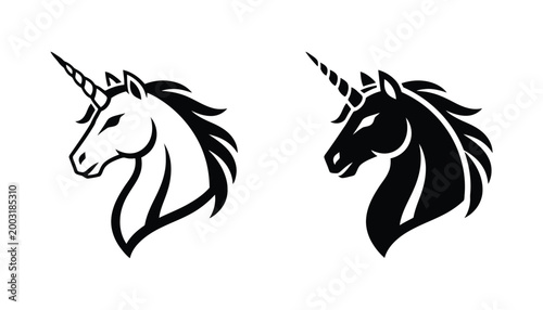 Mythical unicorn head silhouette in solid black and line art style for fantasy themed graphic design elements