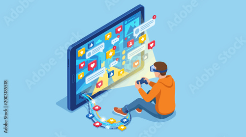Obraz na płótnie An isometric illustration of a gamer sitting and interacting with a large screen full of social media notifications, blending gaming and digital communication in modern culture