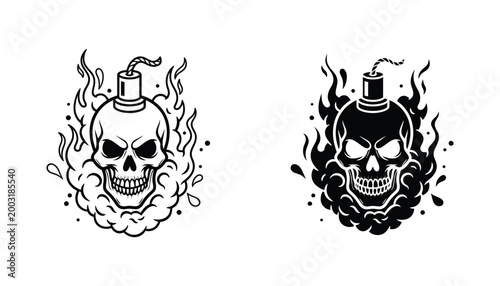 Skull with bomb wick and smoke explosion vector graphic in line art and solid black styles for tattoo or apparel design