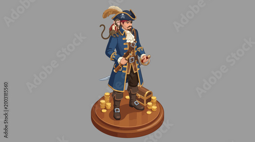 An illustrated pirate captain stands proudly with treasure coins and a monkey, capturing the adventurous spirit of piracy and the thrill of treasure hunting on the high seas.