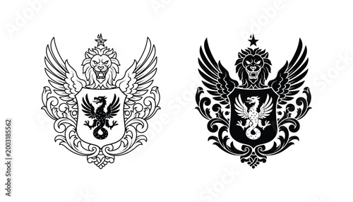 Lion with dragon crest heraldic shield vector graphic in line art and solid black styles for luxury logo or emblem design