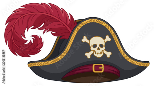Tableau sur toile This iconic pirate hat features ornate detailing and a bold red feather, symbolizing adventure and the swashbuckling spirit of sea explorers in a spirited, playful design