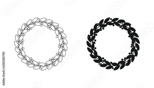 Laurel wreath circular frame with berries in outline and solid black vector styles for award or achievement design