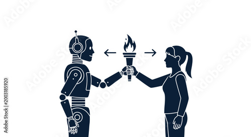 Robot and woman passing torch.