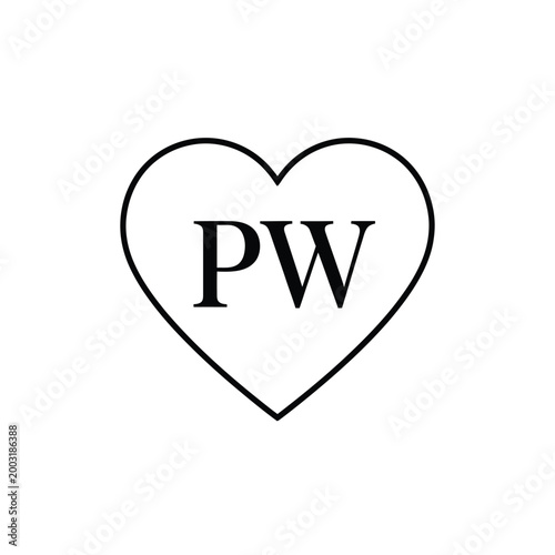 Simple heart shape outline containing the letters pw in black on a white background