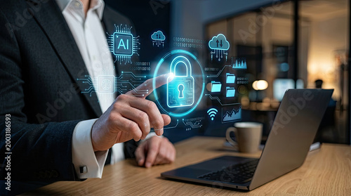 Businessman interacting with digital security interface protecting data.