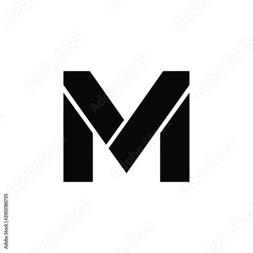 Bold black letter m typography with angled slices on a white background