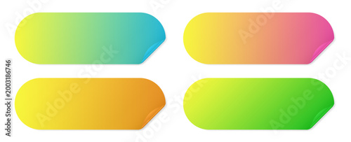 Set of long rounded paper stickers. Stick in notes. Green and yellow gradient, orange, blue, and pink colors. Multicolor post it notes. Sheets of paper. Tag, sticky note