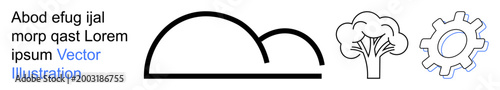 Technology, environment, sustainability, innovation, engineering, ecosystem. A minimalist cloud outline, tree and gear design. Nature and technology integration concept for environment