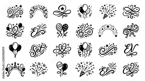 A vibrant collection of festive celebration silhouettes and decorative design elements for joyful events