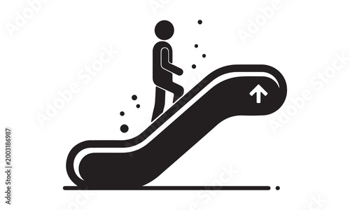 Simple black and white icon of a person on an escalator going up