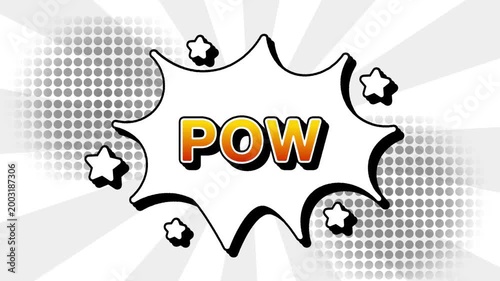 POW text word lettering popup comic cartoon reveal with bomb and smoke explosion manga anime book page dots with radial speed lines doodle white background with seamless loop animation retro clip