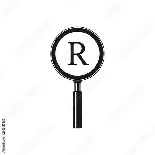 Magnifying glass with the letter r inside on a white background
