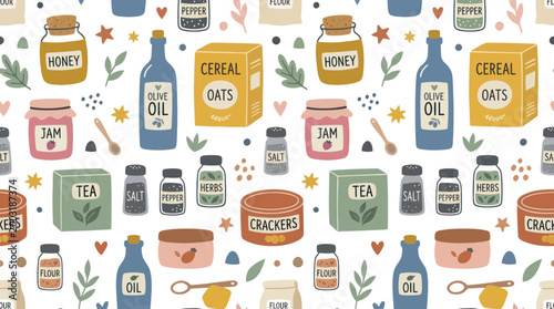 Seamless Pattern of Food Ingredients and Pantry Items in Flat Style