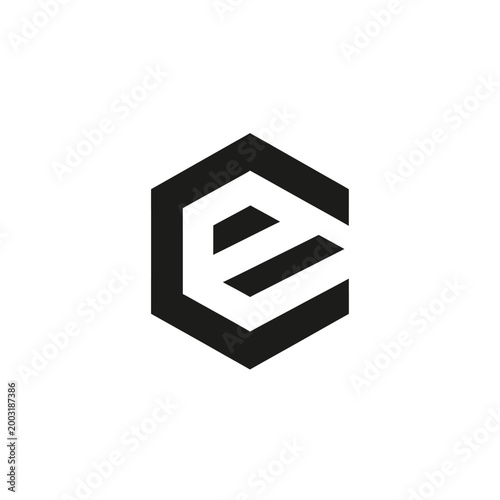 Hexagonal featuring a stylized lowercase letter e on a white background