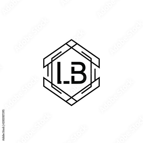 Hexagonal monogram with letters lb and geometric lines on a white background