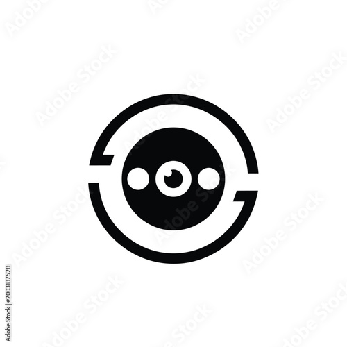 Circular black security camera lens symbol on a white background