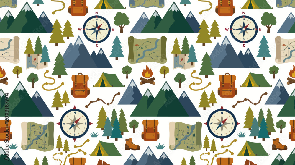 Fototapeta premium Outdoors Adventure Flat Vector Seamless Pattern with Mountains, Compass, Tent, Backpack, and Trees