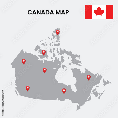 A solid gray vector map of Canada features multiple red location pins indicating various points of interest, displayed with the national flag.