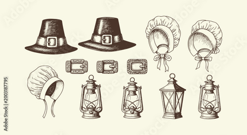 Foto Hand Drawn Vintage Pilgrim Hat Bonnet Buckle and Lantern Collection for Thanksgi